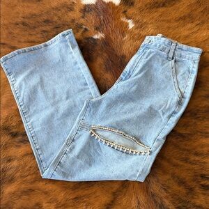 Blue B Elegant Light Blue Flare Jeans with Gem Accents